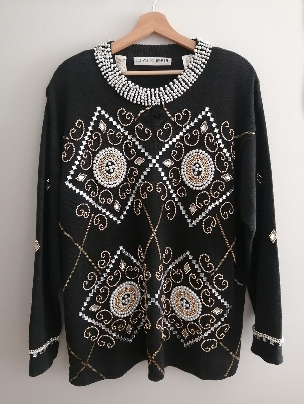 Vintage 80s Black Bejewelled Pearl Beaded Knit Sweater Cotton Ramie Plus Size 1X